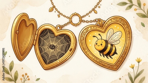 Elegant Heart-Shaped Gold Locket Necklace With Bee And Spider Inside, Romantic Jewelry