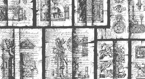 Intricate Victorian Era Scientific Diagrams and Handwritten Notes Collaged on Aged Parchment Detailed Sketchwork