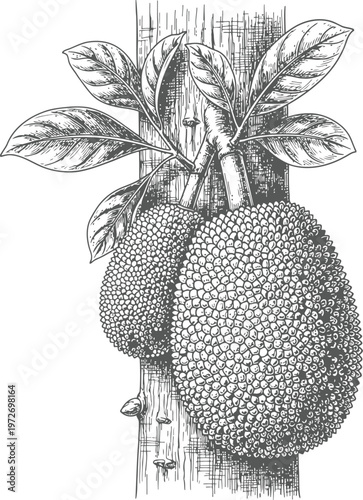 Jackfruit Growing on Tree Trunk with Leaves Detailed Botanical Illustration Natural Growth Vintage Etching Style