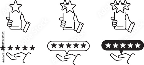Rating icons with thumbs up and star ratings on transparent background
