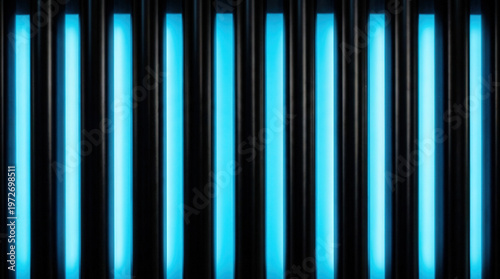 Futuristic Abstract Photo with Light Blue Vertical Neon Strips in Dark Background