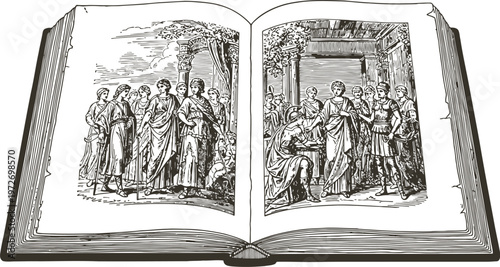 Open Antique Book with Engraved Illustrations Historical Narrative Detailed Artwork Isolated on White Background Vintage Style