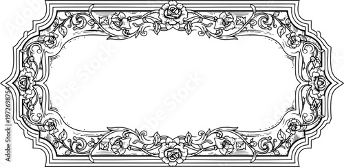 Ornate Floral Border with Roses and Scrolls Vintage Decorative Element Victorian Flourish Design Black and White Line Art