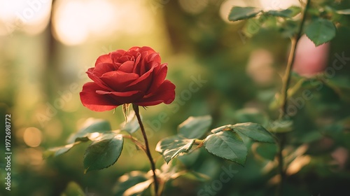 A single red rose in full bloom standing alone in a lush green garden