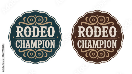 Rodeo champion cowboy label, vintage belt buckle vector featuring bull rider medal and ornate typographic emblem for western branding, ranch identity, apparel graphics, and award badge design
