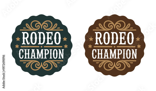 Rodeo champion cowboy label, vintage belt buckle vector featuring bull rider medal and ornate typographic emblem for western branding, ranch identity, apparel graphics, and award badge design