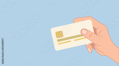 Flat vector illustration of a hand holding a credit card on a plain background with copy space