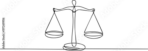 balance scale continuous one line drawing, Minimalist one line drawing of a classic scale of justice representing law and legal fairness, One continuous line drawing of antique balance scale. symbol