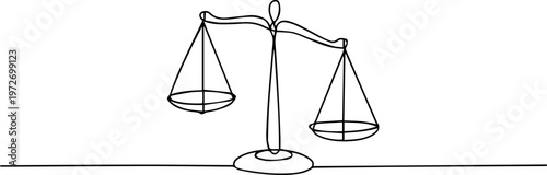 balance scale continuous one line drawing, Minimalist one line drawing of a classic scale of justice representing law and legal fairness, One continuous line drawing of antique balance scale. symbol