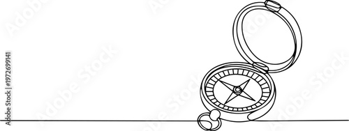 One line art of a nautical compass symbol for adventure and travel concepts, pocket compass continuous one line drawing