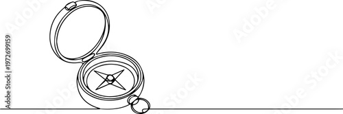 One line art of a nautical compass symbol for adventure and travel concepts, pocket compass continuous one line drawing