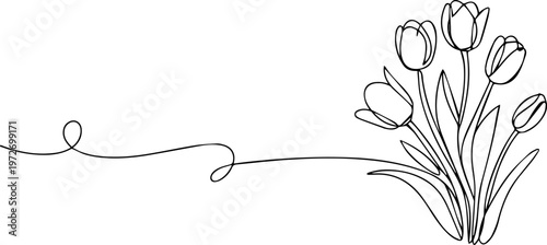 tulip flower continuous one line drawing, minimalist line drawing of a tulip, Tulips in Modern Flower Pot. Minimalistic one-line drawing elegant tulip stems with blossoms arranged in a modern