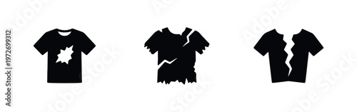 Set of three black vector icons showing damaged t-shirts with a hole, ragged edges, and a split down the middle. Isolated on white background.