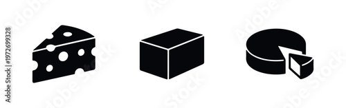 A set of black minimalist icons featuring a Swiss cheese wedge, a block of butter or cheese, and a round cheese wheel with a cut slice.