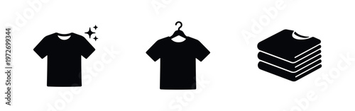 Minimalist black icons of a clean t-shirt, a shirt on a hanger, and a stack of folded laundry. Perfect for clothing, retail, and service designs.