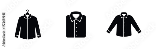 A set of three minimalist black shirt icons, including a shirt on a hanger, a folded shirt, and a flat garment, isolated on a white background.