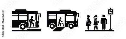 Bus transport icons featuring passenger boarding, accessibility ramp, and people waiting at a bus stop. Minimalist flat black vector design.