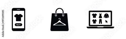 Minimalist black icons for online fashion retail, featuring mobile commerce, an e-commerce laptop interface, and a shopping bag with a hanger.