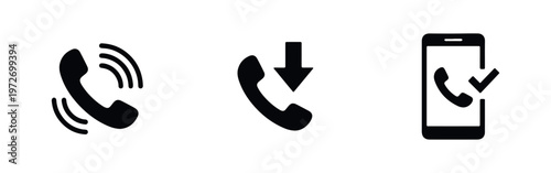 Set of three minimalist black phone icons representing ringing, incoming call, and successful smartphone connection on a white background.