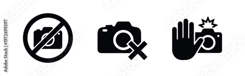 Set of black icons for no photography, including camera prohibition signs and no flash photography warnings with a hand stop gesture.