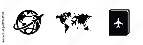 Cuadro en lienzo Set of minimalist black travel icons featuring a globe with an airplane, a world map, and a passport