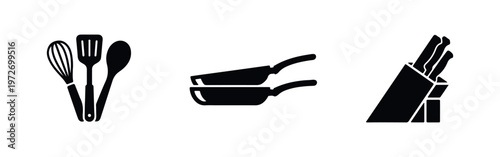 Minimalist black silhouette icons of kitchen utensils, frying pans, and a knife block set, isolated on a white background for culinary design.