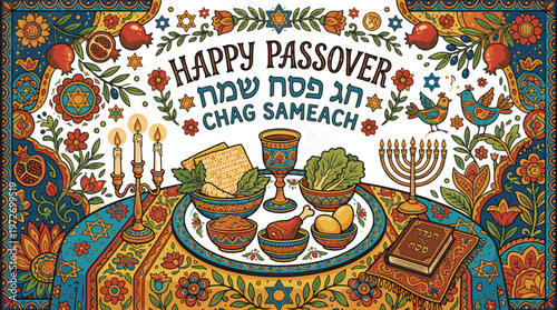 Happy Passover greeting card with traditional Seder plate and Jewish symbols.