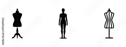 Set of three black mannequin and tailor dummy silhouettes on a white background, representing fashion design, dressmaking, and retail display.