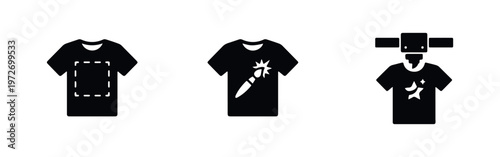 Set of three black minimalist icons representing custom t-shirt printing, apparel design area, artistic painting, and garment production process.