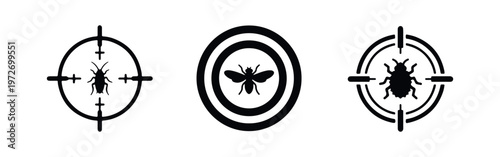 Set of three black pest control icons featuring a cockroach, fly, and beetle in target crosshairs, representing insect extermination and hygiene.
