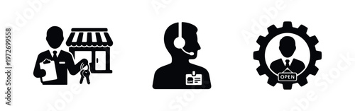Set of black business and service icons including real estate agent with keys, customer support representative, and entrepreneur management symbols.