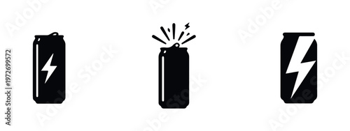 Black energy drink can icons set with lightning bolt symbols. Minimalist flat vector design featuring closed and open bursting cans on white.