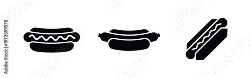 Set of three minimalist black hot dog silhouettes on a white background. Ideal for restaurant menus, fast food branding, and digital icons.