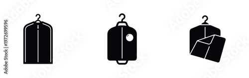A set of minimalist black garment bag icons on hangers, representing dry cleaning, suit protection, and organized clothing storage.