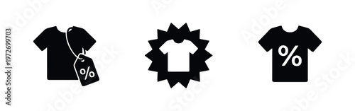 Vector icon set of t-shirts with discount tags and percentage symbols, ideal for fashion e-commerce sales, retail promotions, and shopping apps.