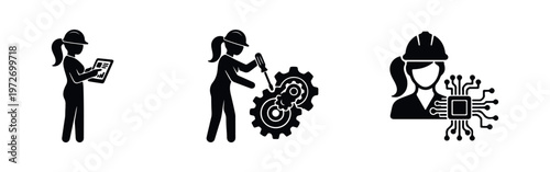 Minimalist icon set of a female engineer using a digital tablet, repairing gears with a screwdriver, and representing electronic technology.