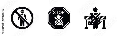 Set of industrial safety icons prohibiting unauthorized access. Black vector symbols for construction sites, no entry zones, and worker restrictions.