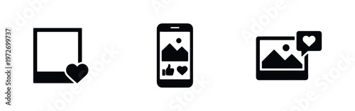 Set of black minimalist social media and photography icons featuring hearts, smartphone interface, and photo frames for digital engagement design.