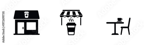 Minimalist black icon set representing a coffee shop building, an outdoor stall under an awning, and a cafe table with seating in a flat vector style.