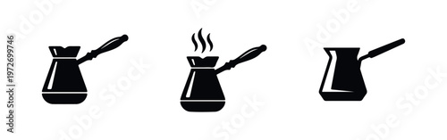 A set of three black minimalist icons of traditional Turkish coffee pots or cezves on a white background, including one with rising steam.