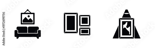 Set of three minimalist black icons representing interior home decor, art gallery displays, and framed pictures on walls and easels.