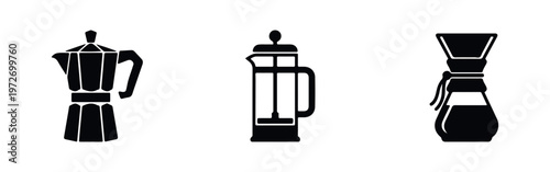 Minimalist black icons set of different coffee brewing methods: moka pot, French press, and pour-over carafe. Isolated on white background.