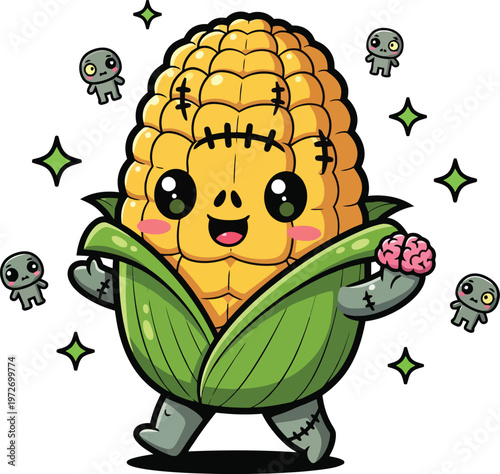 Kawaii zombie corn character vector, cute frankenstein vegetable monster with brain, spooky halloween corn on the cob mascot illustration