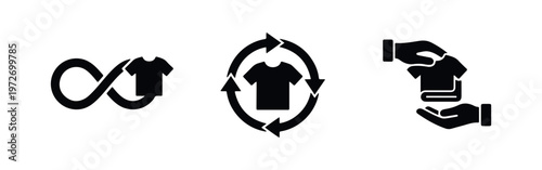 Set of minimalist icons representing sustainable fashion, textile recycling, circular economy, and second-hand clothing donation.