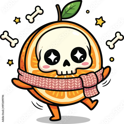 Kawaii orange fruit character with skull face, cute halloween mascot vector, citrus orange slice wearing pink scarf with bones and stars