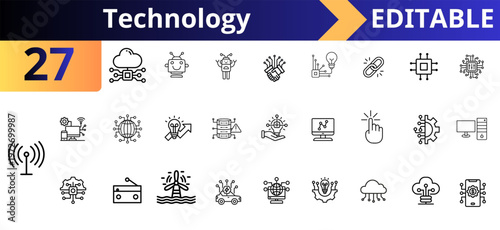 Technology system outline icons set. cloud computing, artificial intelligence, robot automation, data storage, blockchain network, digital security, smart devices, innovation