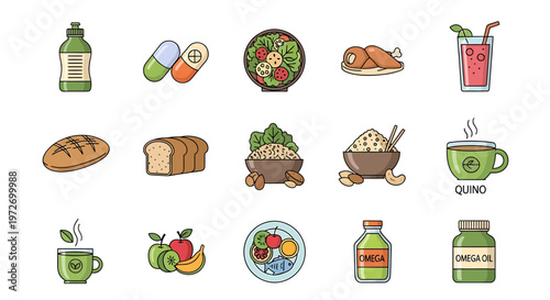 A collection of healthy food and supplement icons isolated on transparent background, isolated on white background, Vector