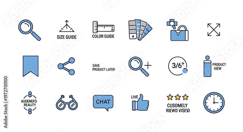 Ecommerce augmented reality product page icons isolated on transparent background, isolated on white background, Vector