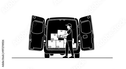 Man loading boxes into a delivery van isolated on transparent background, isolated on white background, Vector