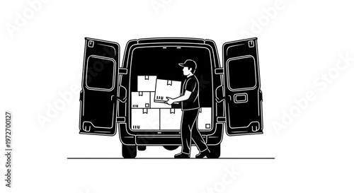 Man unloading boxes from delivery van isolated on transparent background, isolated on white background, Vector